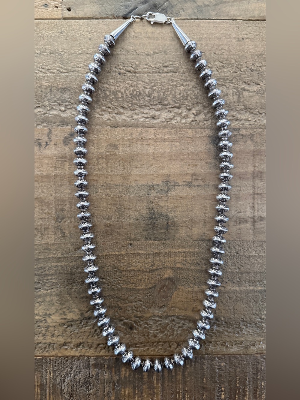 Vintage Hand Stamped Sterling Silver Beaded Necklace 23”